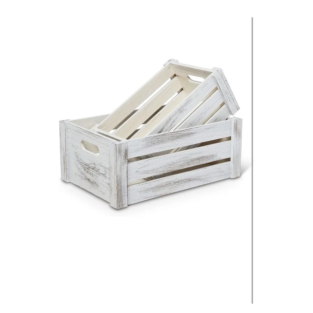 Farmhouse Wooden Crate Set | Whitewashed Nesting Storage Boxes Set of 2